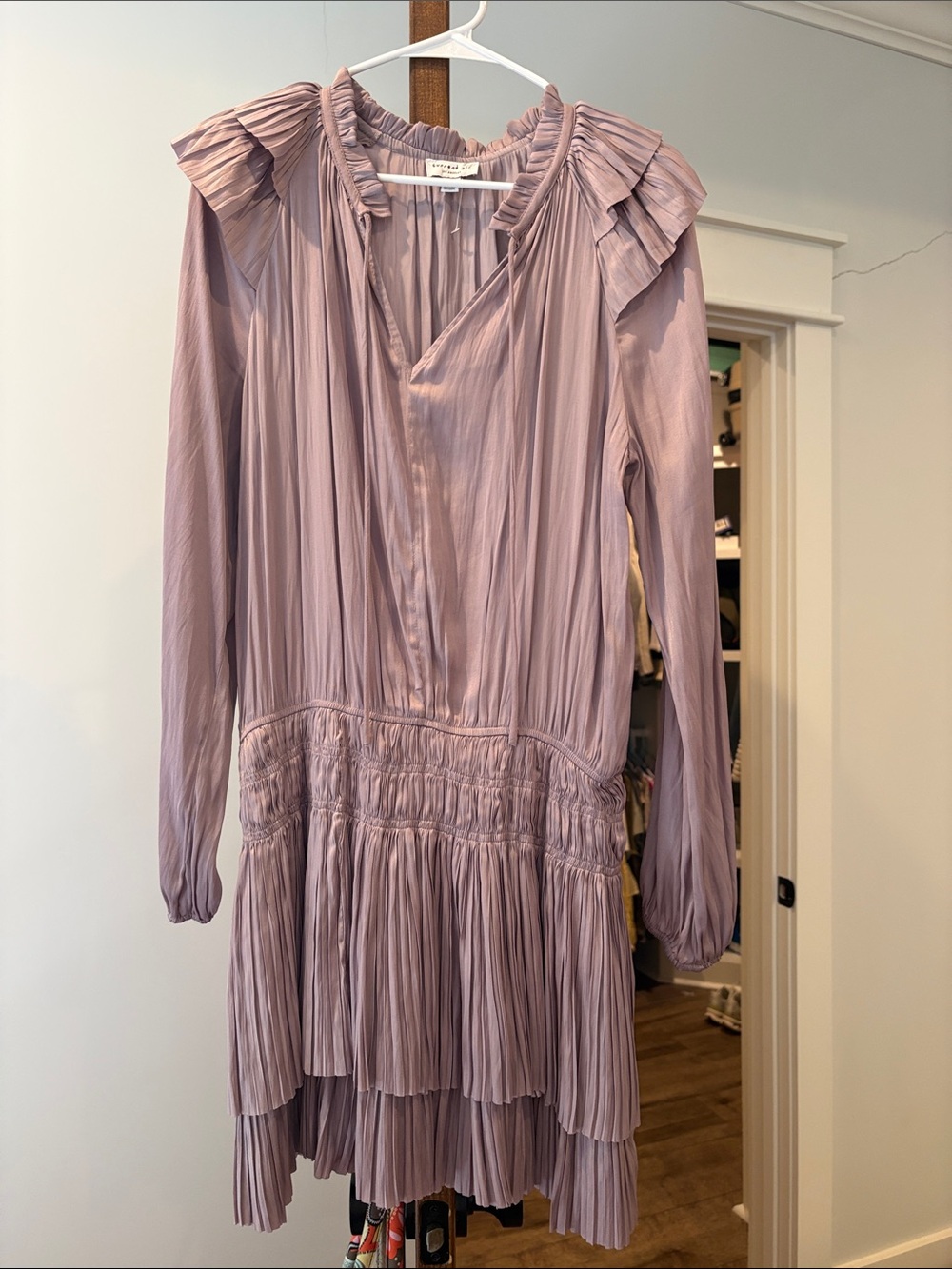 Current Air lavender ruched waist Pleated Ruffle Long-Sleeve Dress